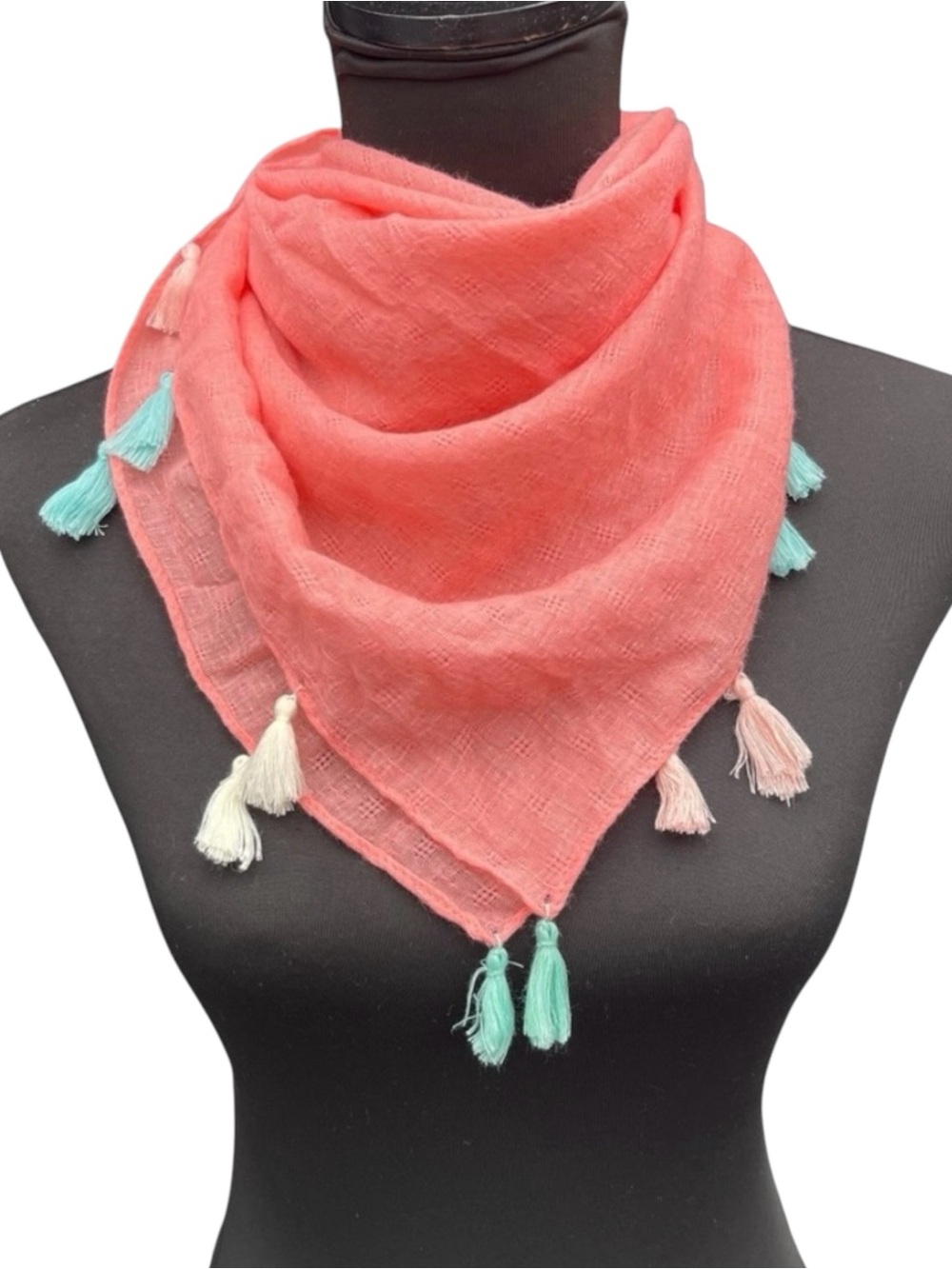Salmon Pink Teal Tassel Linen Blend Boho Square Scarf (35"x35")